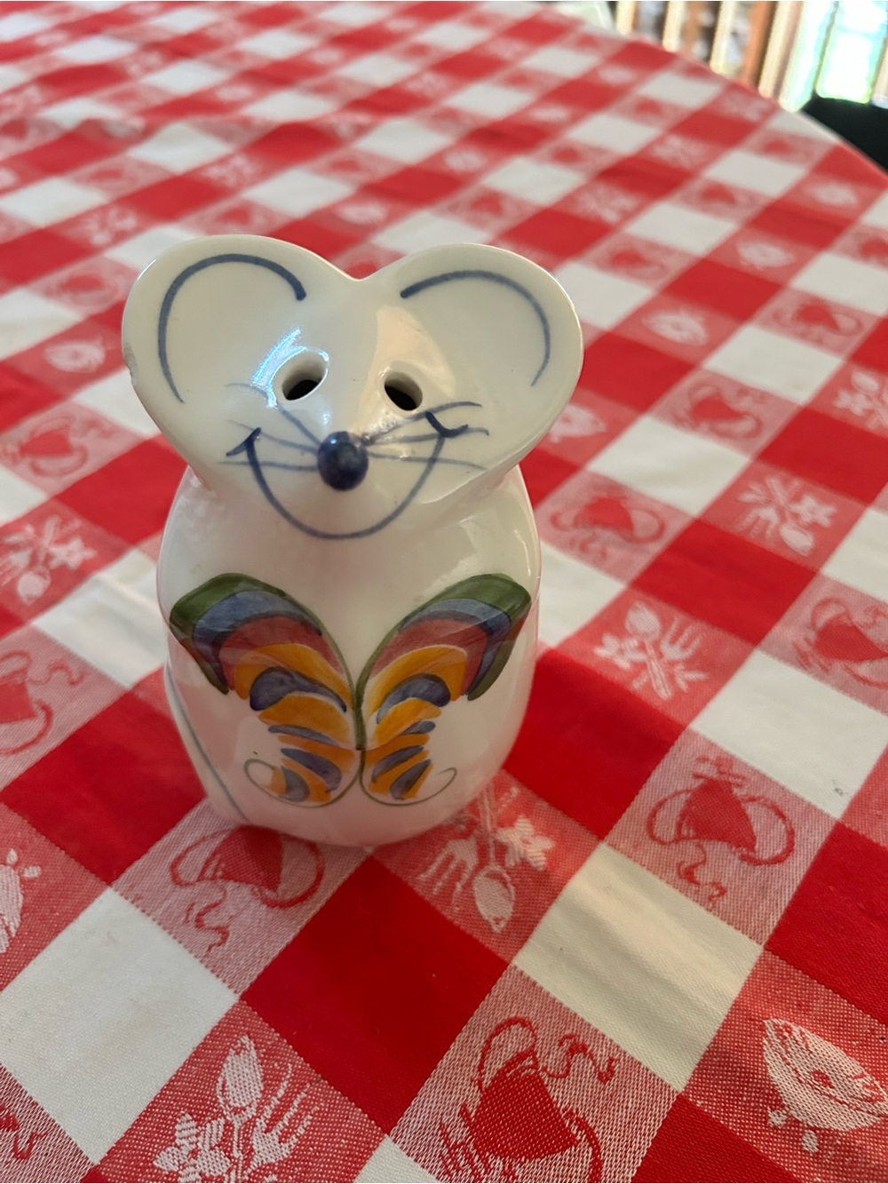 Hand-Painted Ceramic Mouse cheese  Shaker in White with Multicolor Motif